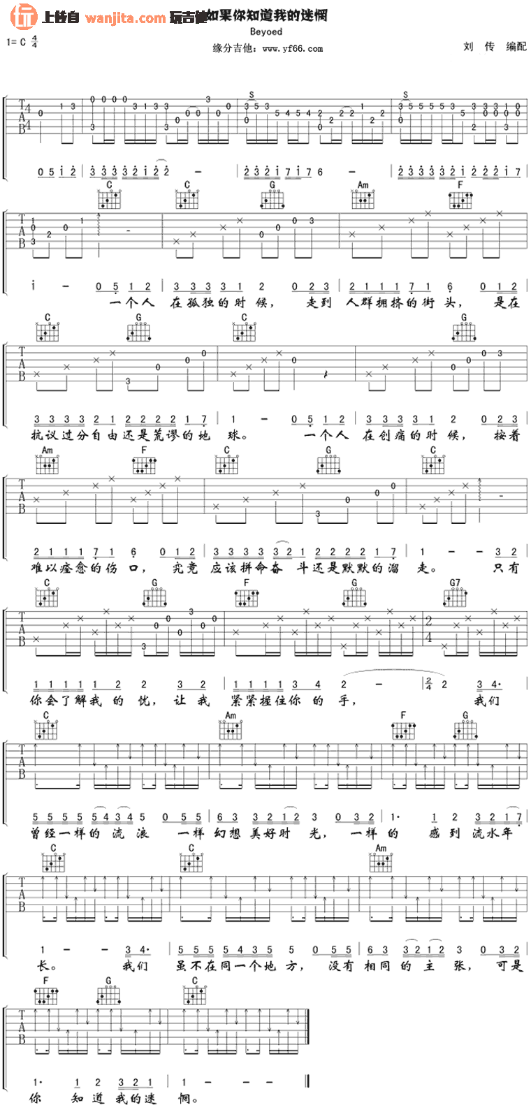 Beyond《你知道我的迷惘》吉他谱_C调吉他弹唱谱 Beyond_你知道我的迷惘_吉他谱_C调吉他弹唱谱