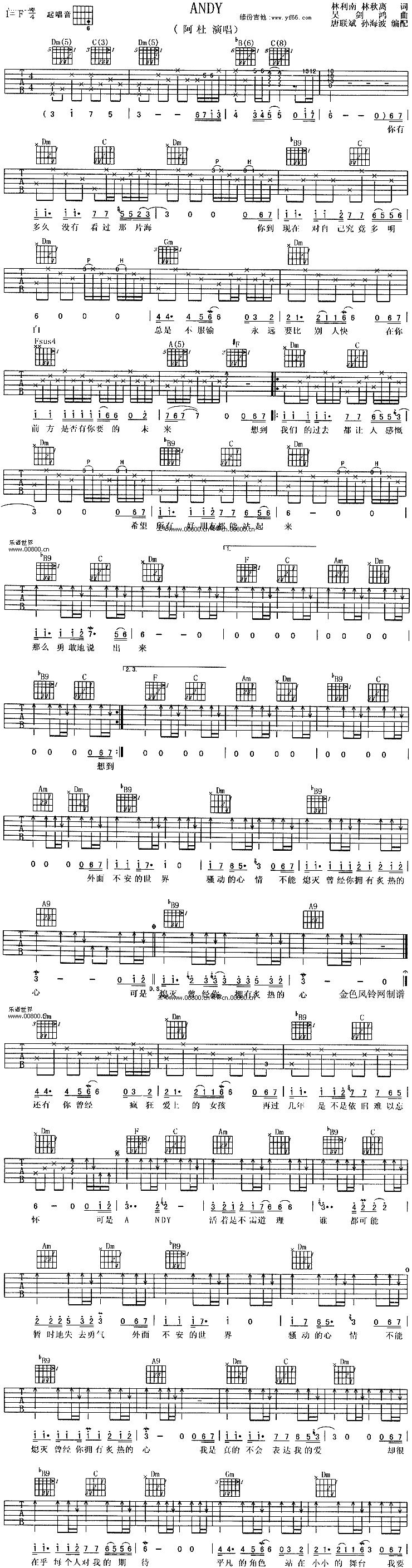 阿杜_Andy_吉他谱__Andy_F调原版六线谱