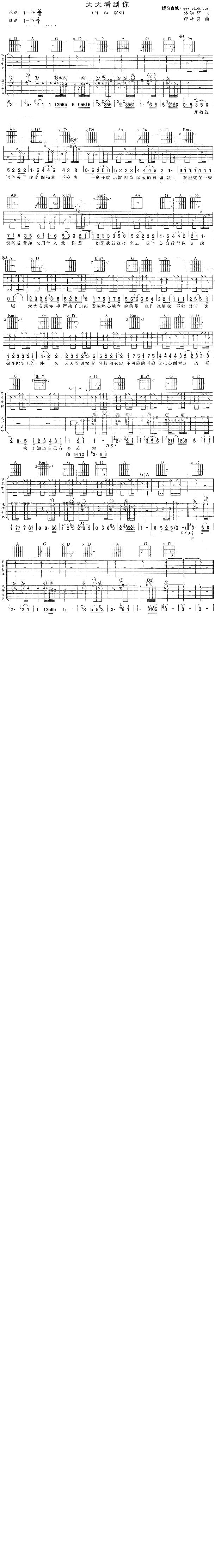 阿杜_天天看到你_吉他谱_D调原版六线谱