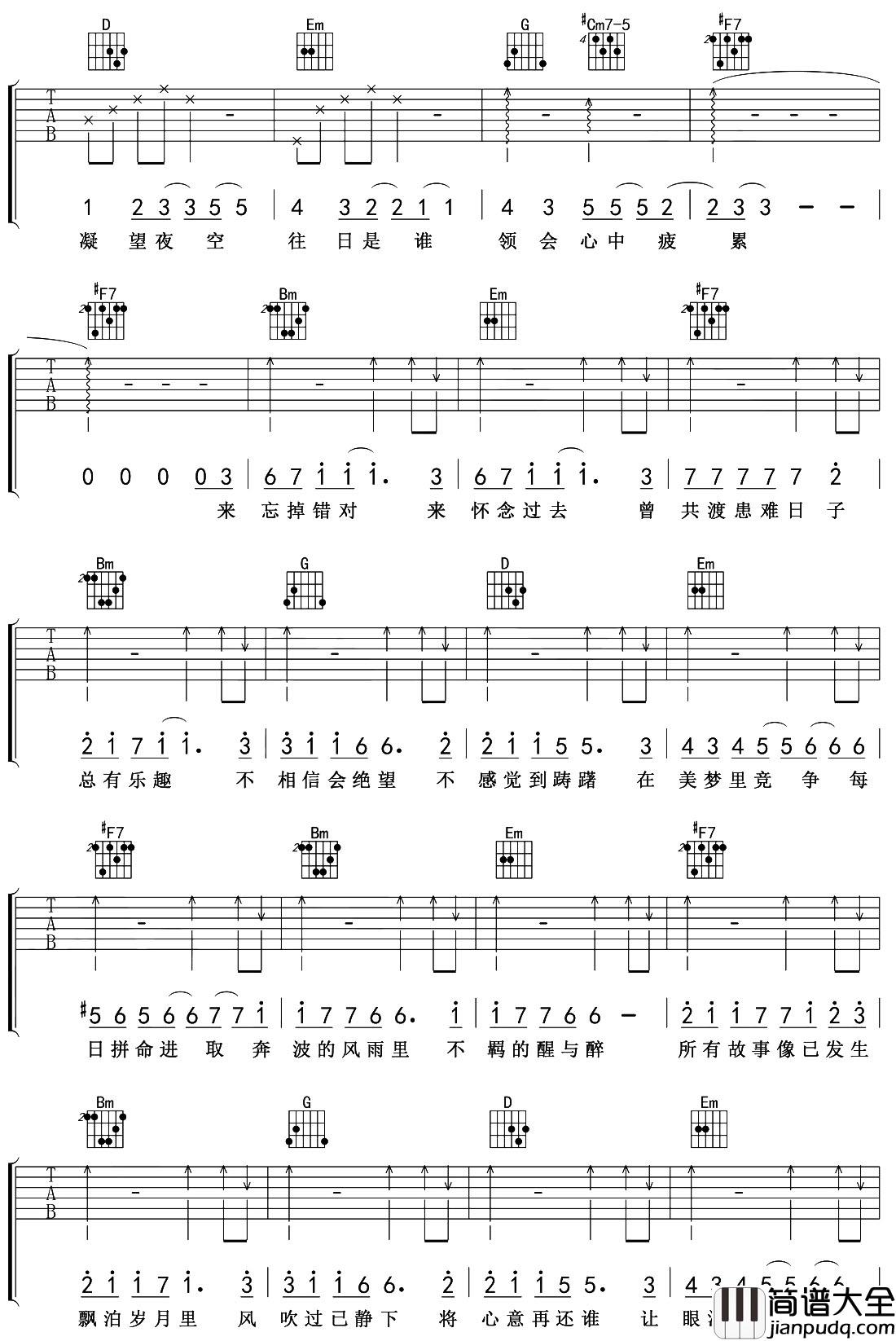 陈小春_友情岁月_吉他谱_D调指法吉他谱