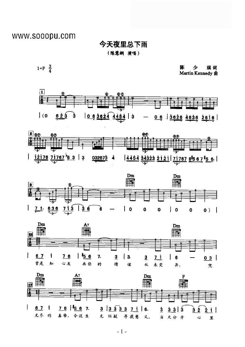 陈慧娴_今天夜里总下雨_吉他谱_F调弹唱六线谱