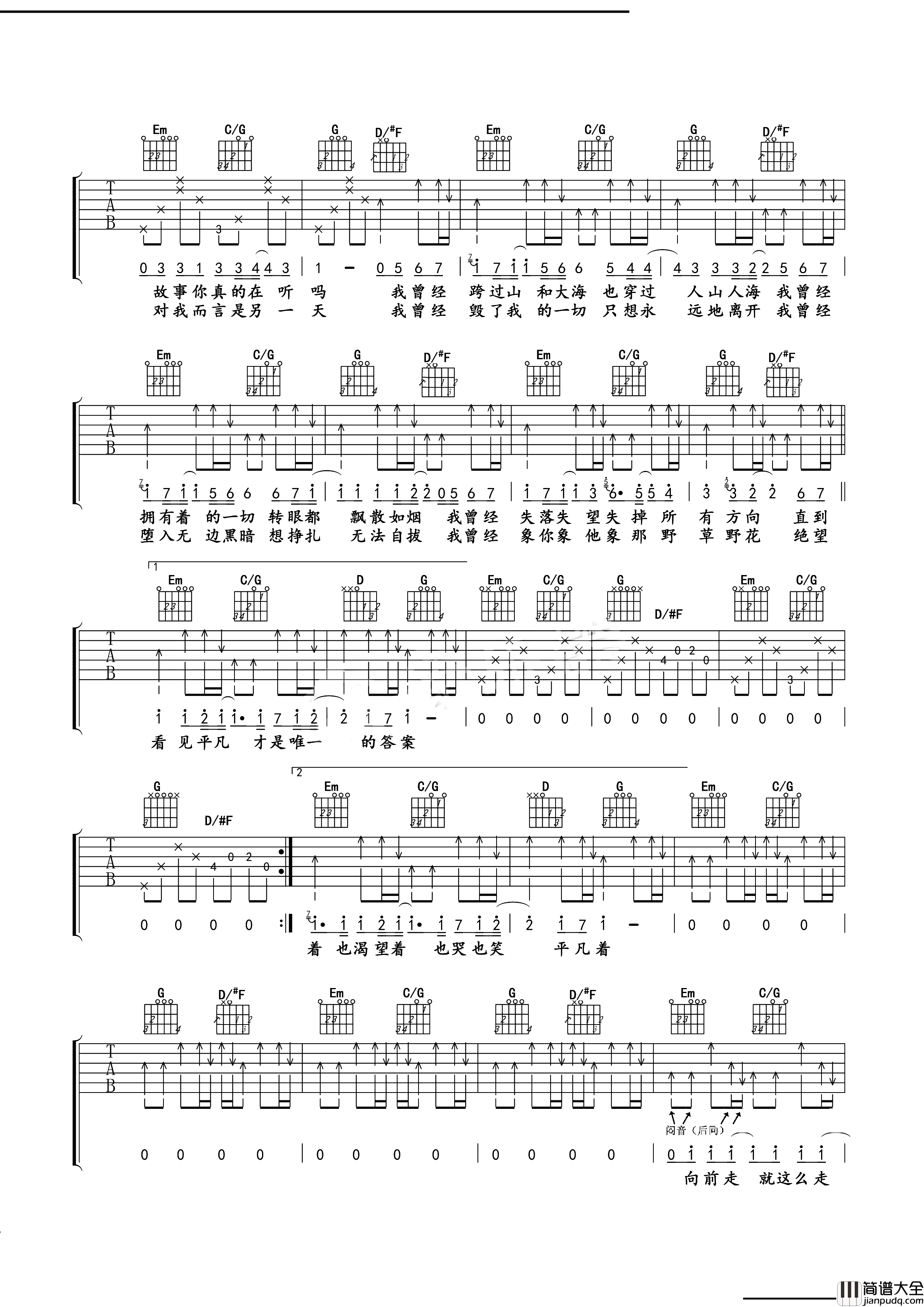 平凡之路吉他谱_朴树_G调完整版六线谱_吉他弹唱谱