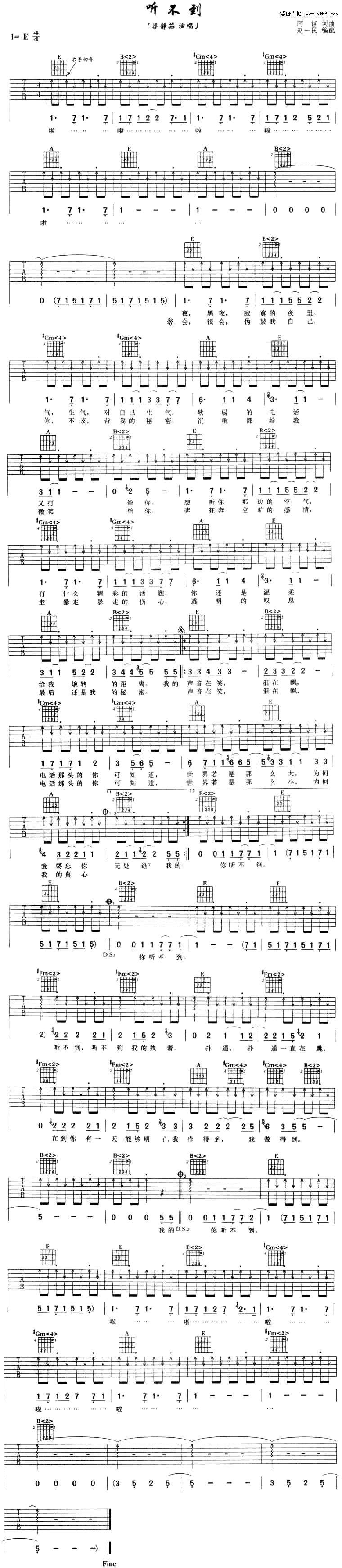 梁静茹_听不到_吉他谱__听不到_E调指法吉他谱