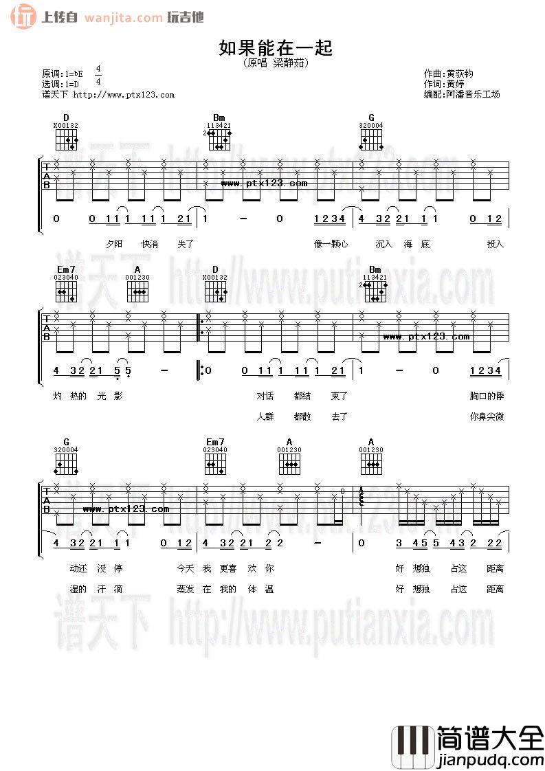 梁静茹_如果能在一起_吉他谱_D调指法吉他谱