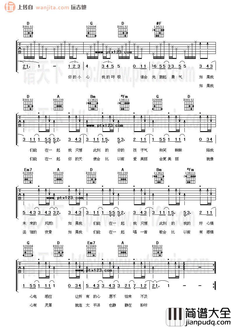 梁静茹_如果能在一起_吉他谱_D调指法吉他谱