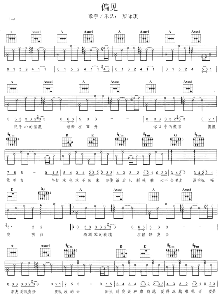 梁咏琪_偏见_吉他谱__偏见_A调指法吉他谱