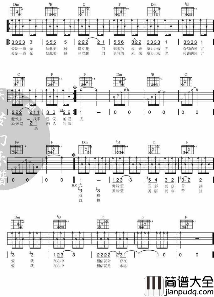 欧若拉吉他谱_张韶涵__欧若拉_F调指法吉他谱