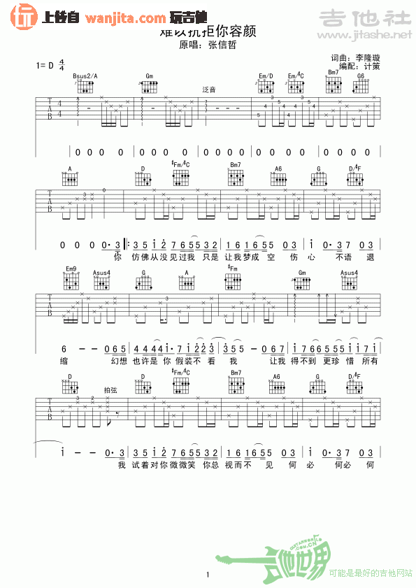 难以抗拒你容颜吉他谱_张信哲 难以抗拒你容颜吉他谱_张信哲