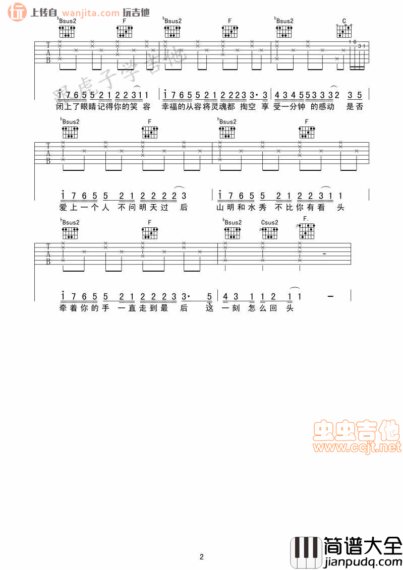 明天过后吉他谱_张杰_F调弹唱六线谱_高清图片谱