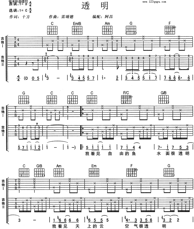 透明吉他谱_刘若英__透明_C调原版弹唱谱