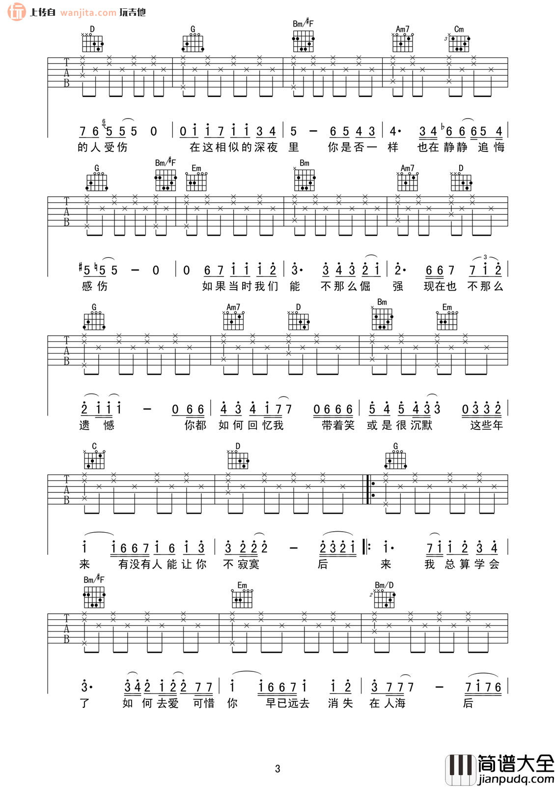 _后来_吉他谱_刘若英_G调男声版六线谱【高清弹唱谱】