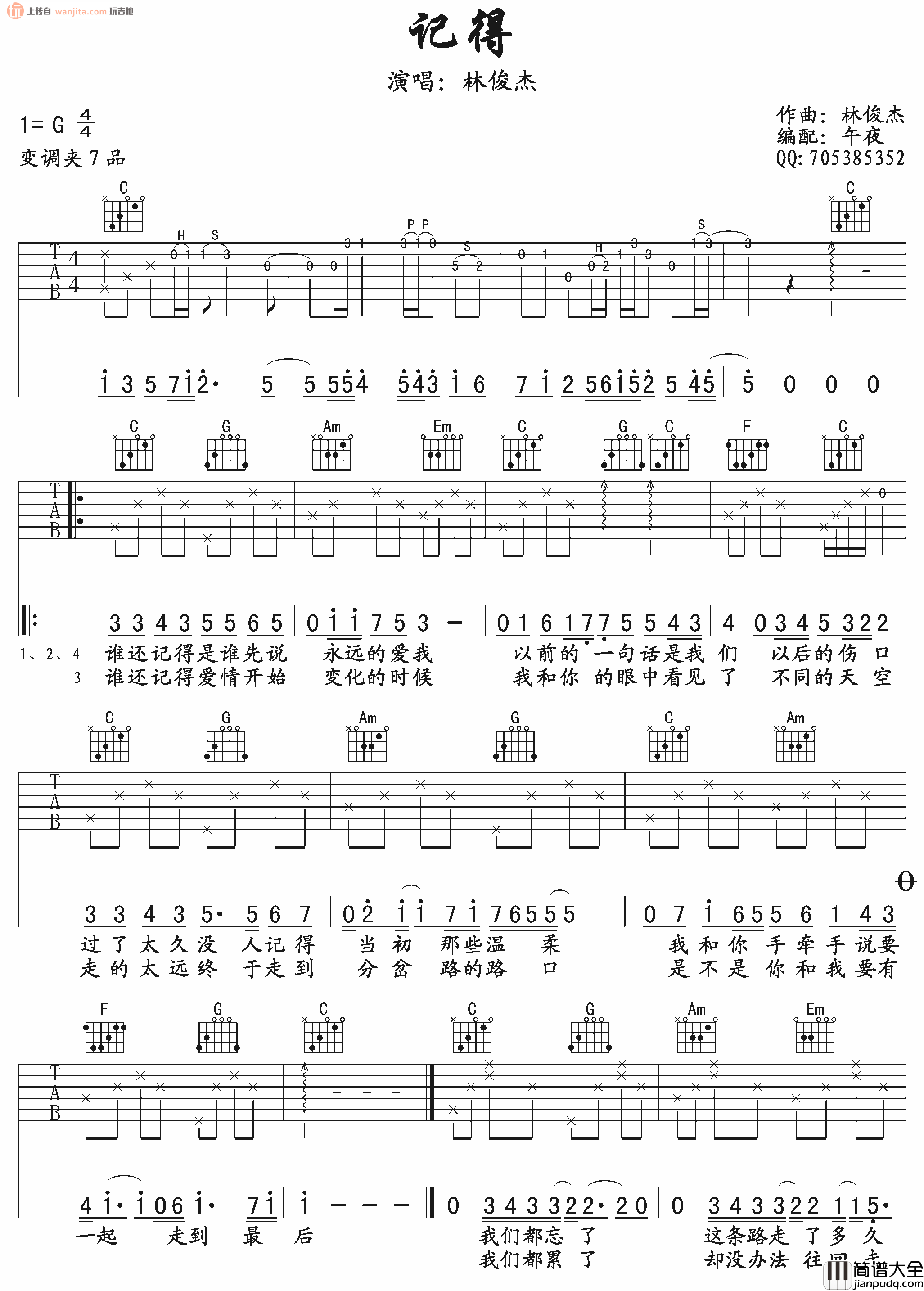 记得吉他谱_林俊杰