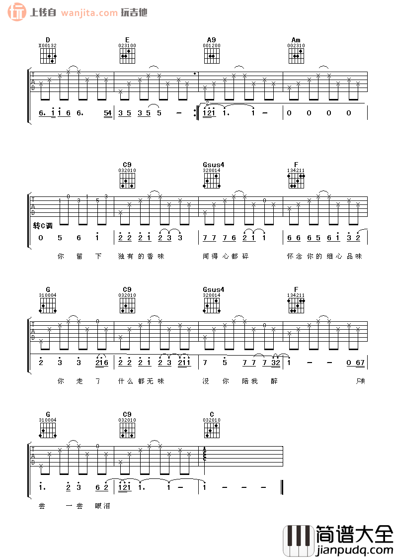 女人香吉他谱_张学友__女人香_A转C调六线谱_弹唱谱