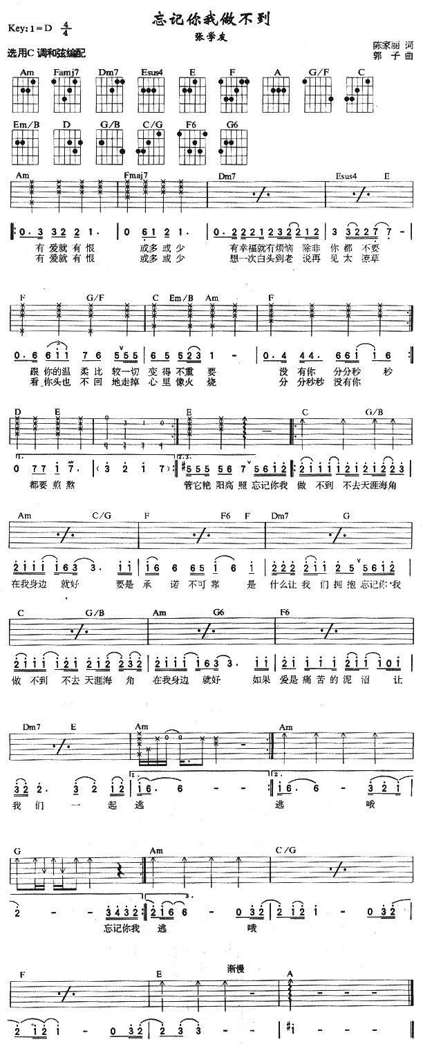 忘记你我做不到吉他谱_张学友_C调指法吉他弹唱谱