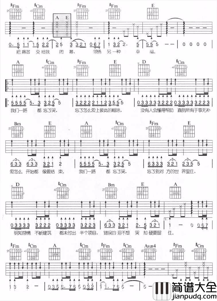 忘了哭吉他谱_张学友__忘了哭_A转B调六线谱_吉他弹唱谱