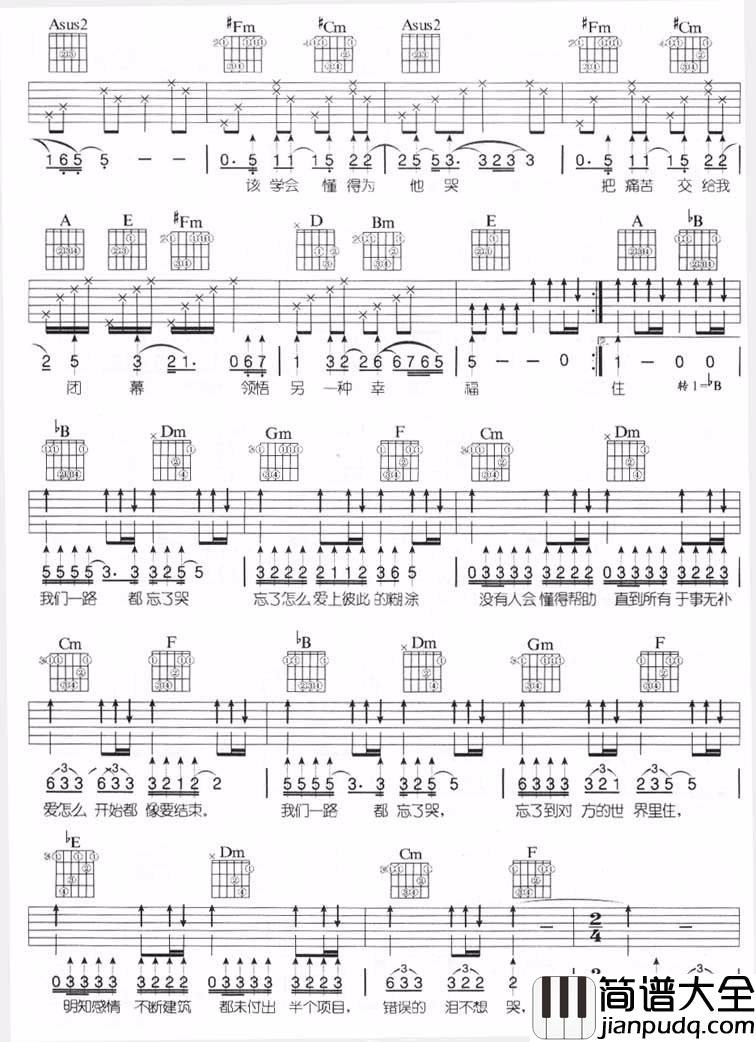 忘了哭吉他谱_张学友__忘了哭_A转B调六线谱_吉他弹唱谱