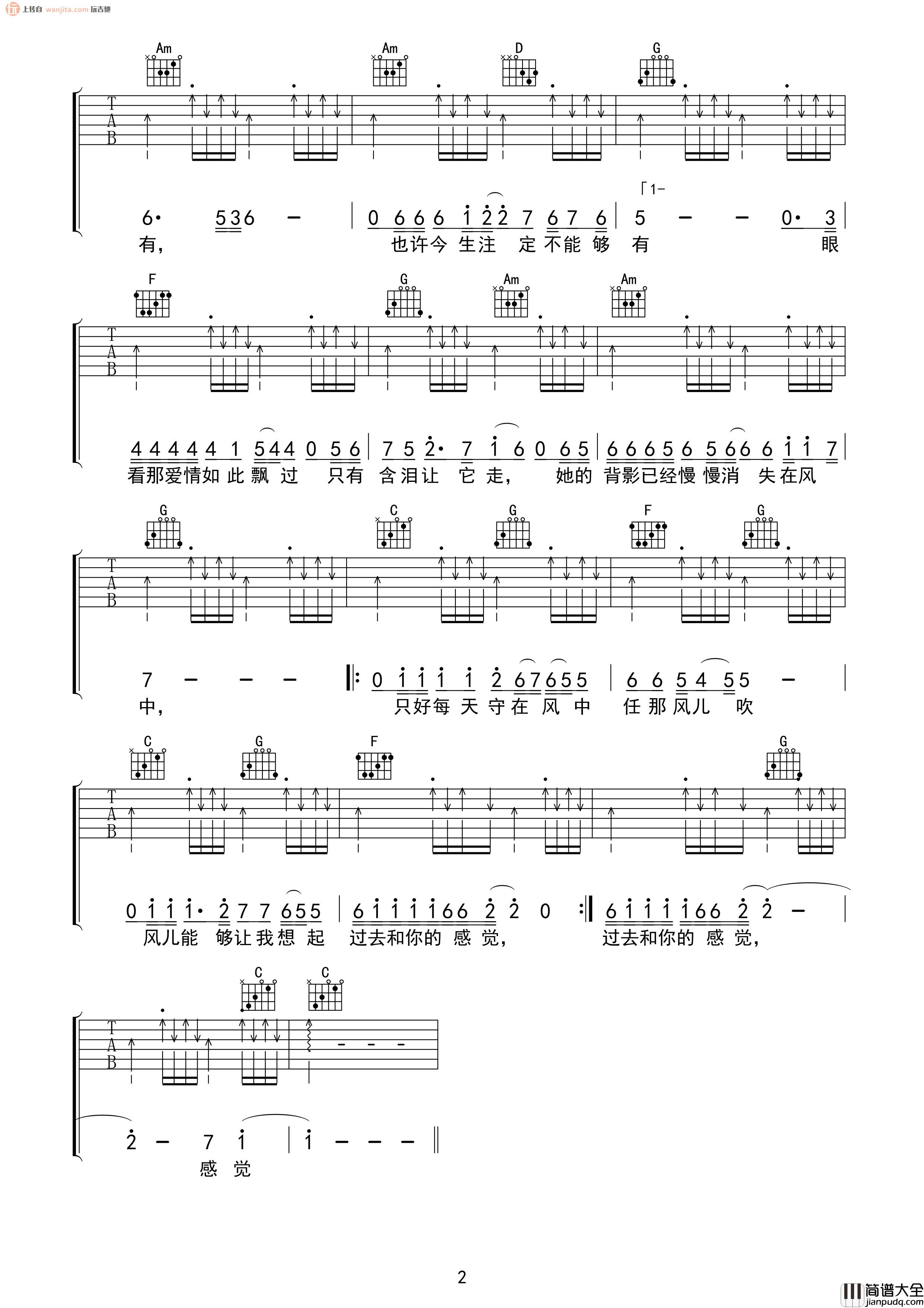 她的背影吉他谱_王杰_C调原版六线谱_吉他弹唱谱