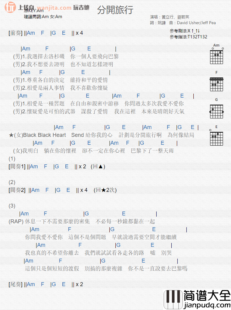 分开旅行吉他谱_刘若英,黄立行_吉他弹唱和弦谱