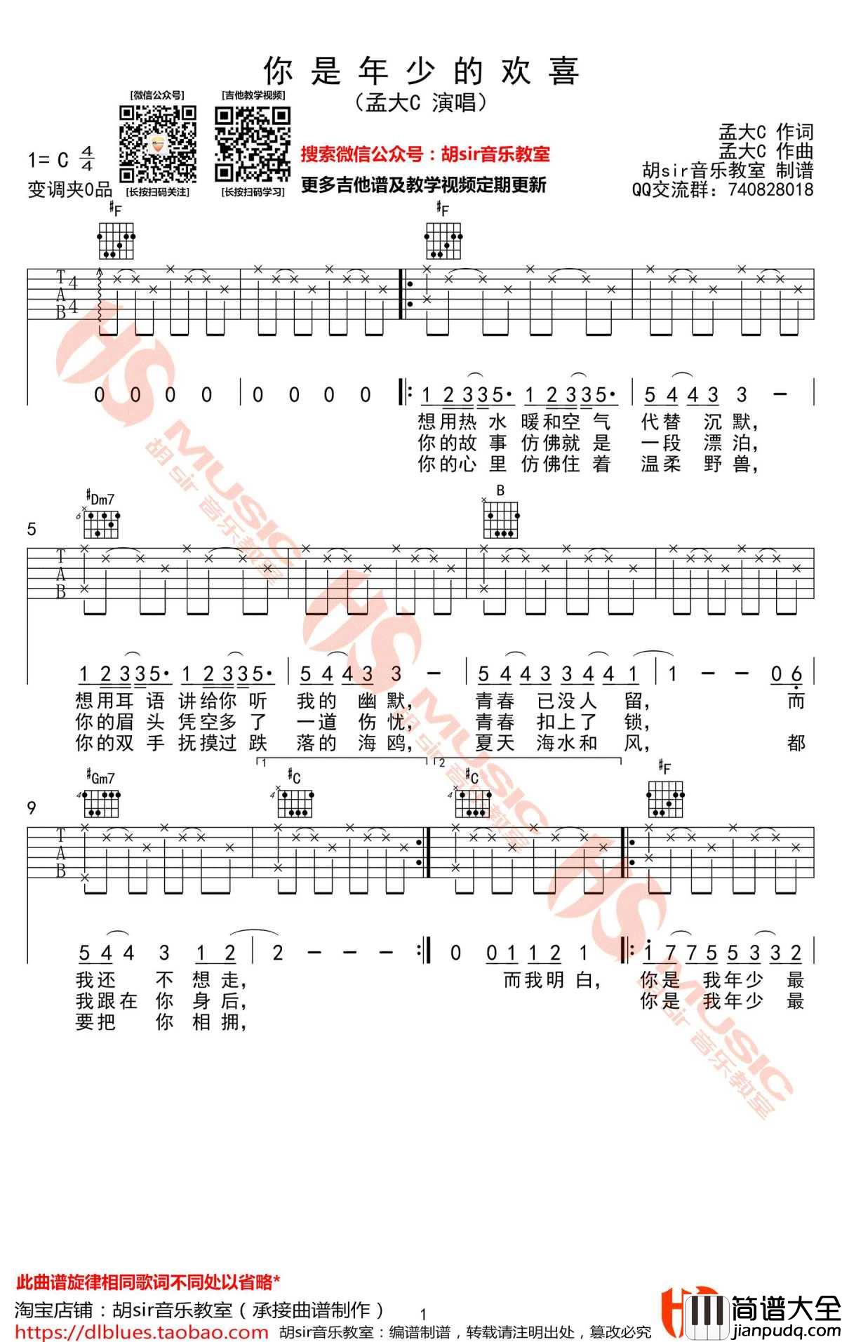 你是年少的欢喜吉他谱_孟大C/王贰浪_吉他弹唱谱
