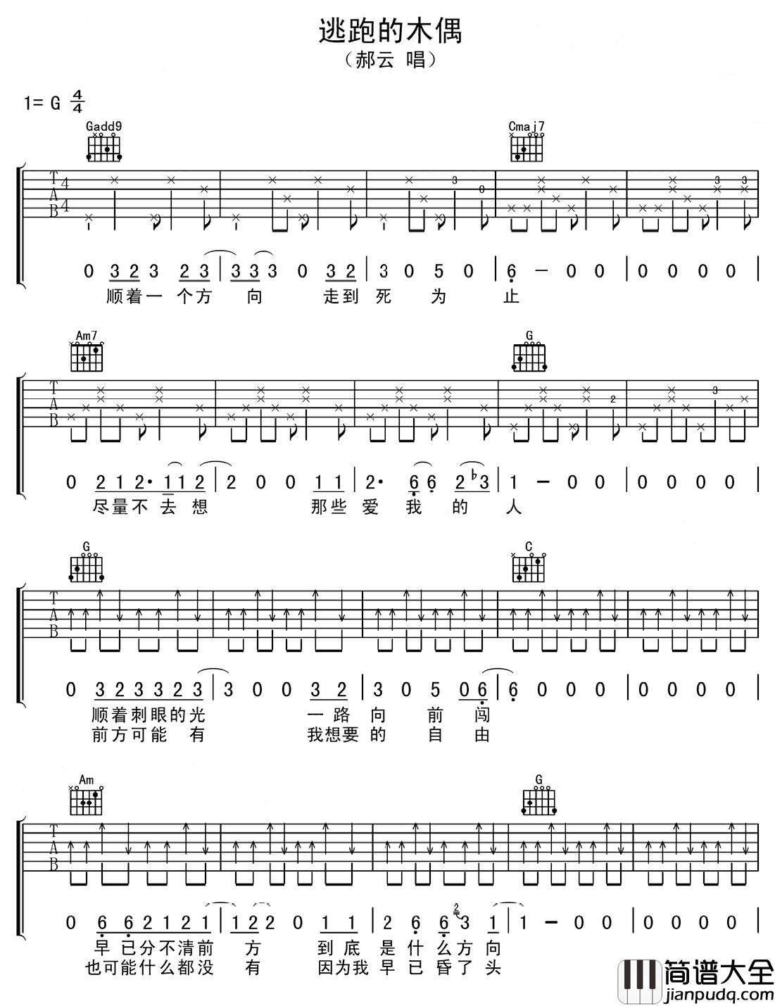逃跑的木偶吉他谱_如果你厌倦了这样的生活，试试像郝云那样活着