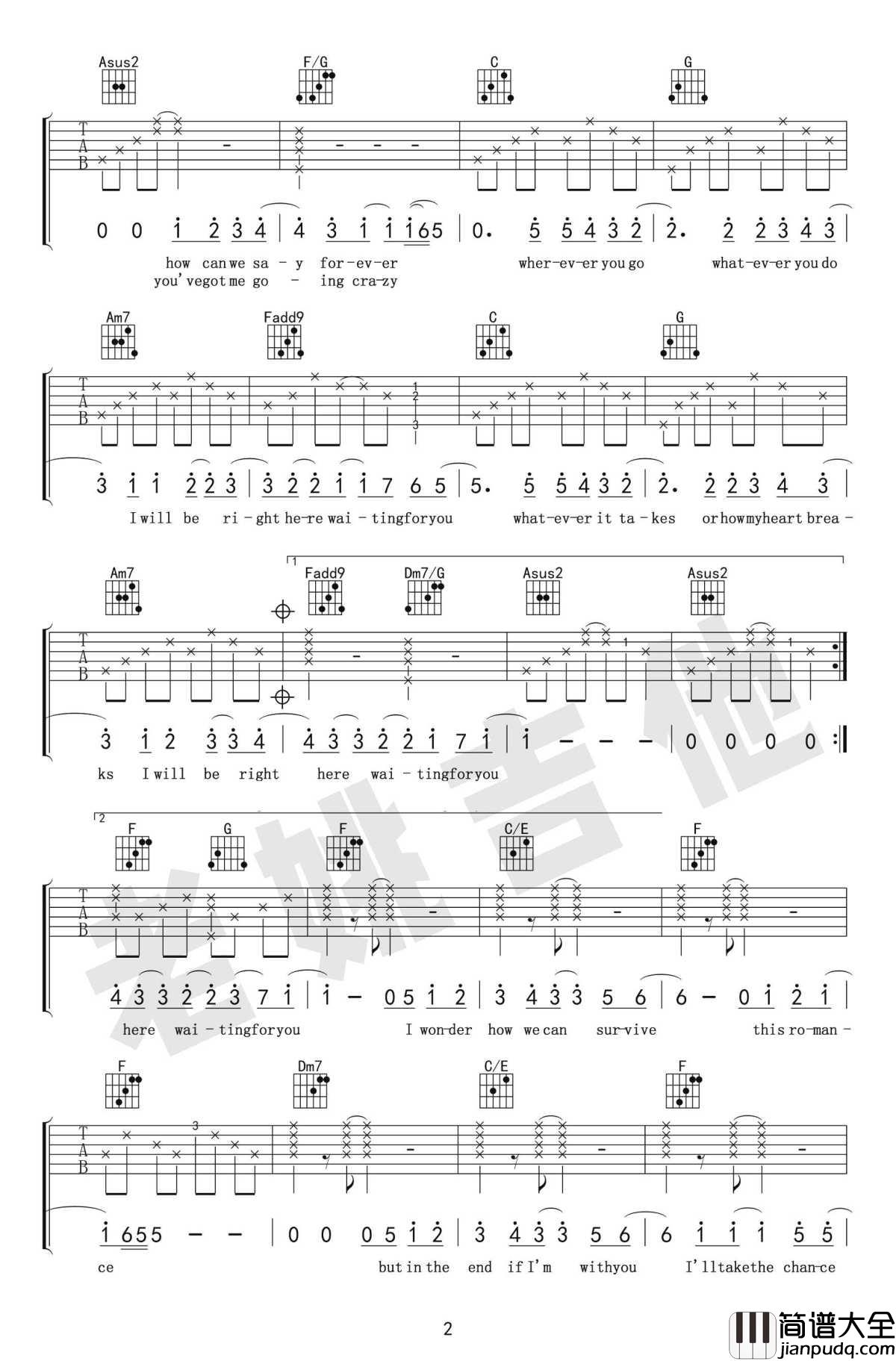 Right_Here_Waiting吉他谱_C调弹唱谱_吉他教学视频