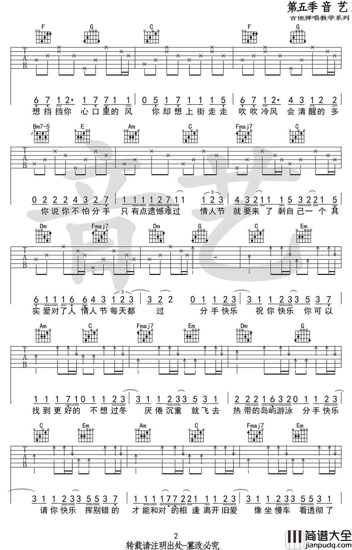 分手快乐吉他谱_C调弹唱谱_高清图片谱_梁静茹