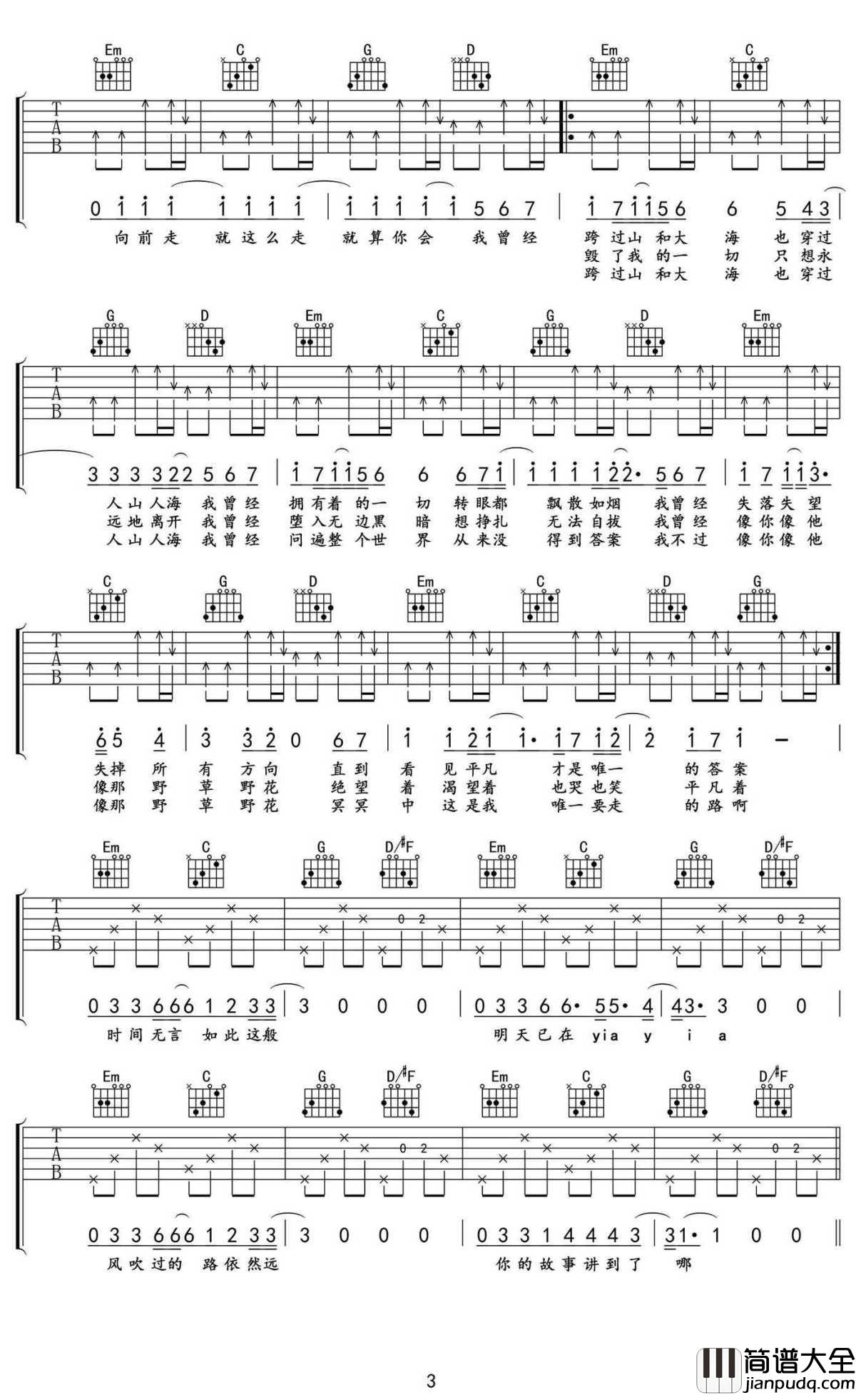 平凡之路吉他谱_弹唱六线谱_高清版本_朴树