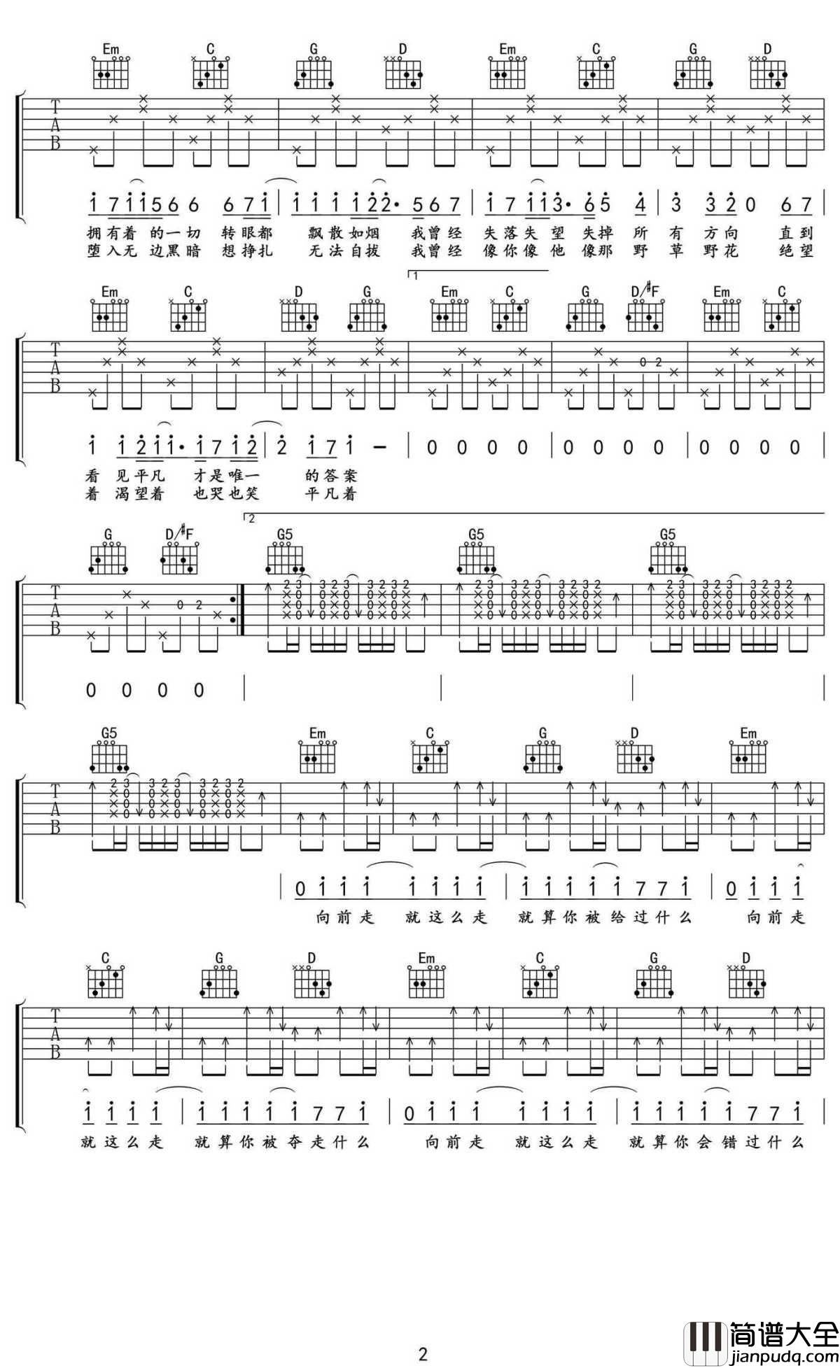 平凡之路吉他谱_弹唱六线谱_高清版本_朴树