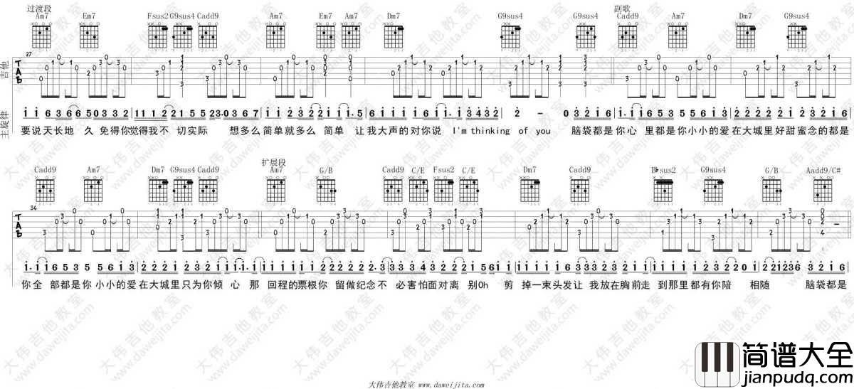 大城小爱吉他谱_C转D调_王力宏_弹唱教学视频