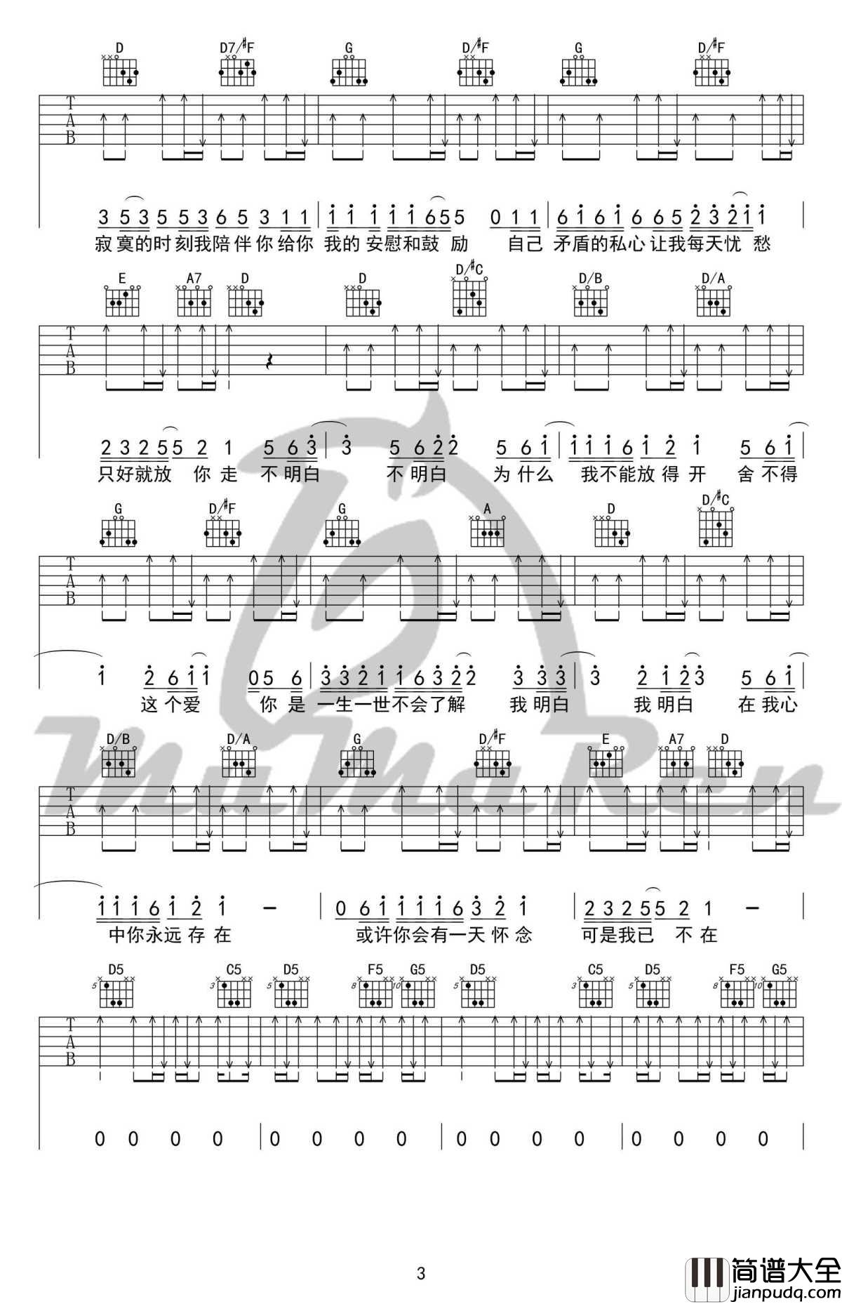 小镇姑娘吉他谱_D调版本_陶喆_六线谱高清图片谱