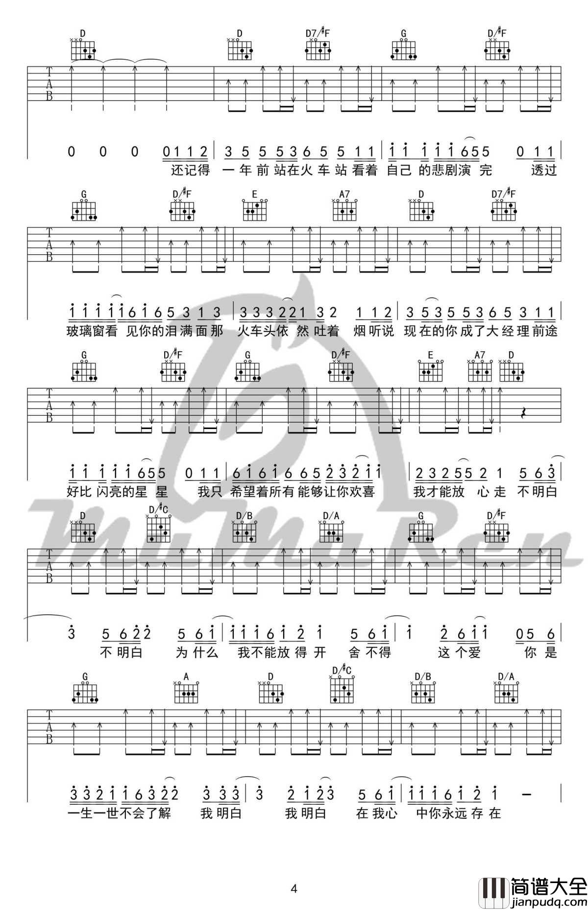 小镇姑娘吉他谱_D调版本_陶喆_六线谱高清图片谱