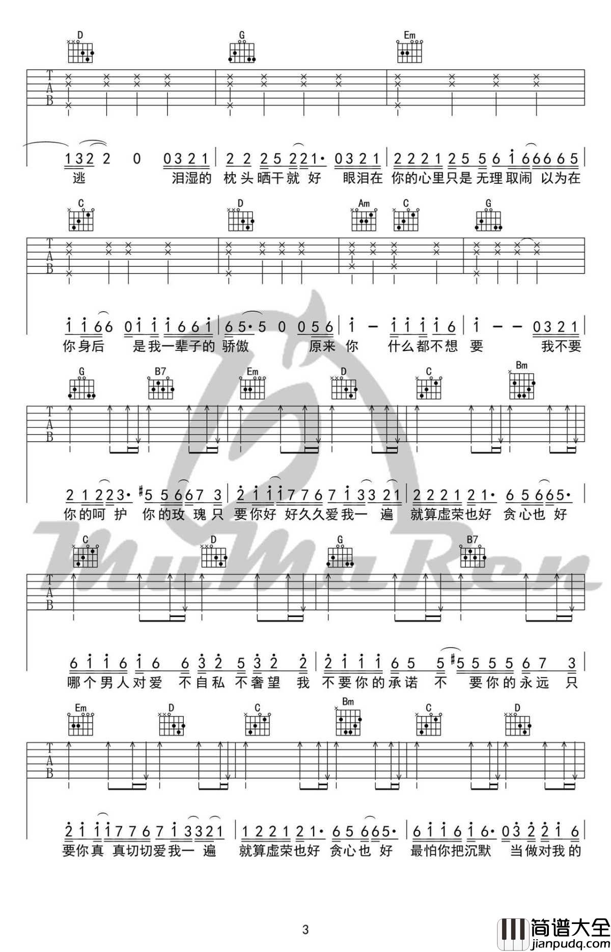 原来你什么都不想要吉他谱_G调高清弹唱谱_张惠妹