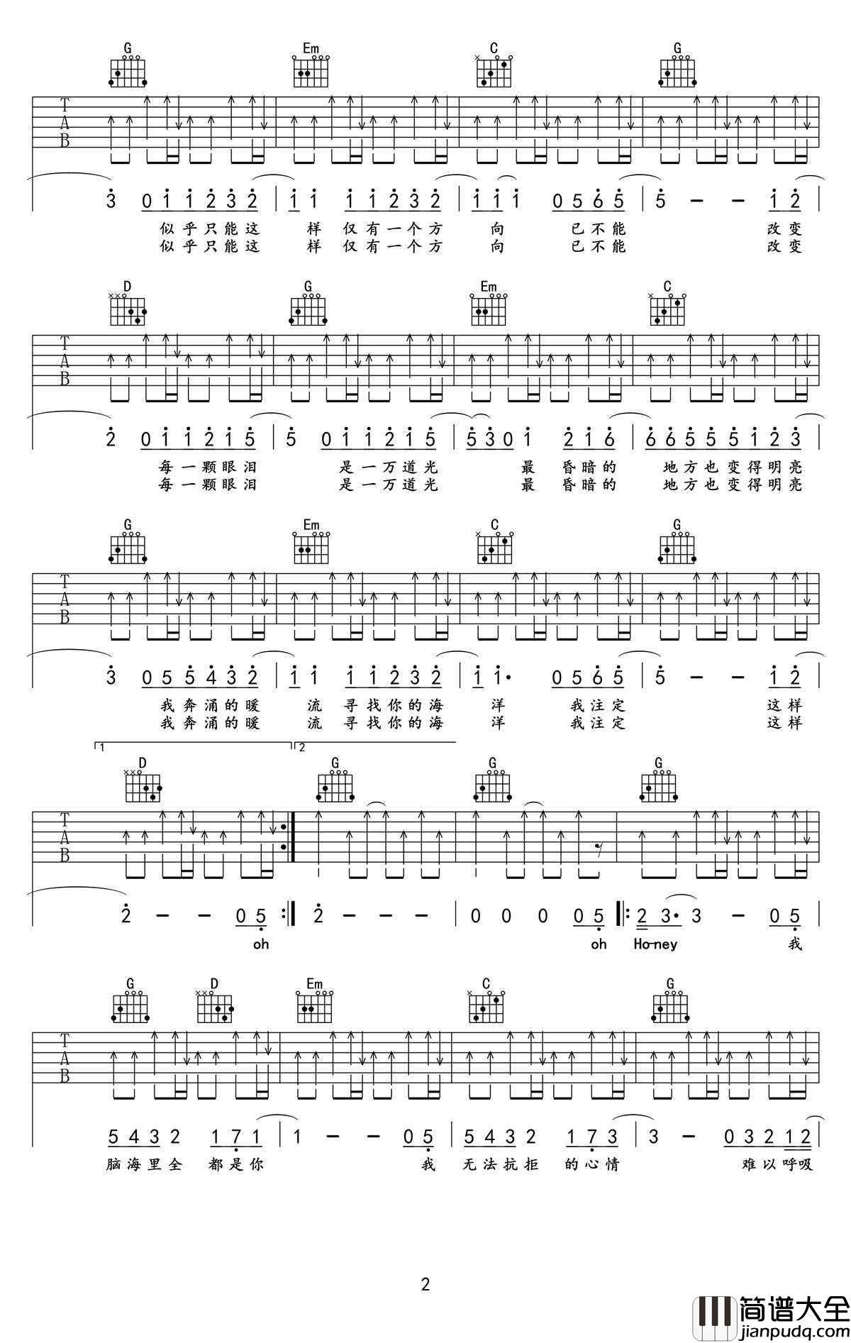 一万次悲伤吉他谱_G调弹唱谱_逃跑计划