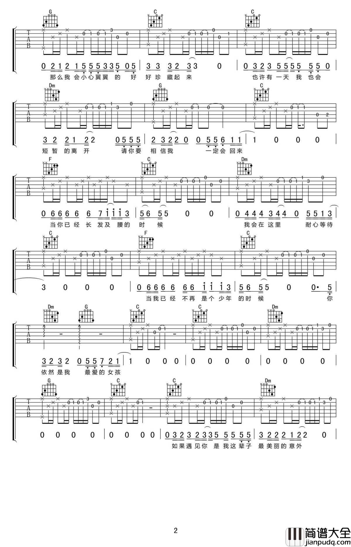 待你长发及腰时吉他谱_C调弹唱谱(高清版)_刘小天