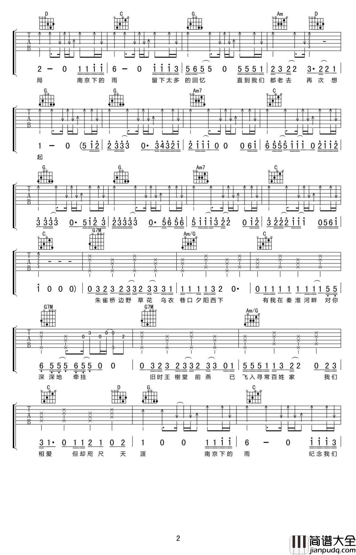 南京下的雨吉他谱_G调弹唱谱_刘小天