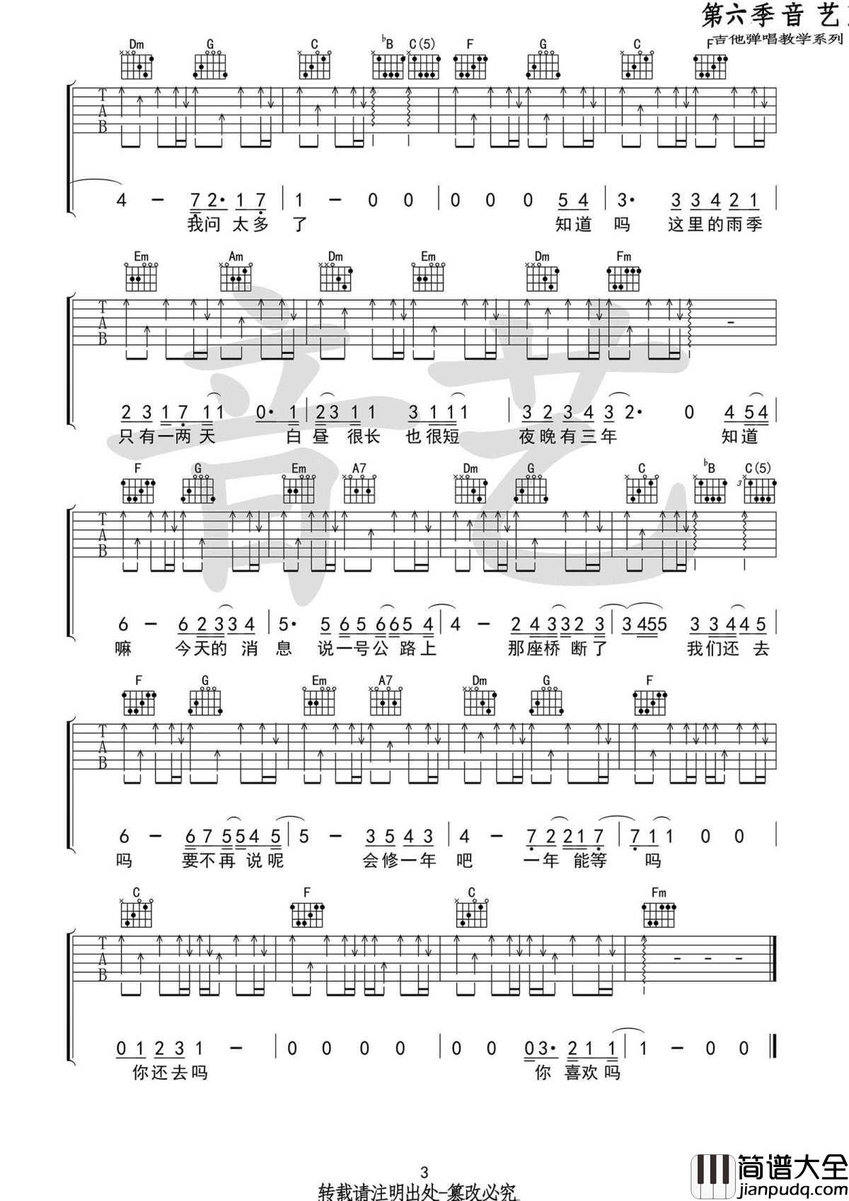 我喜欢上你时的内心活动吉他谱_C调原版六线谱__陈绮贞