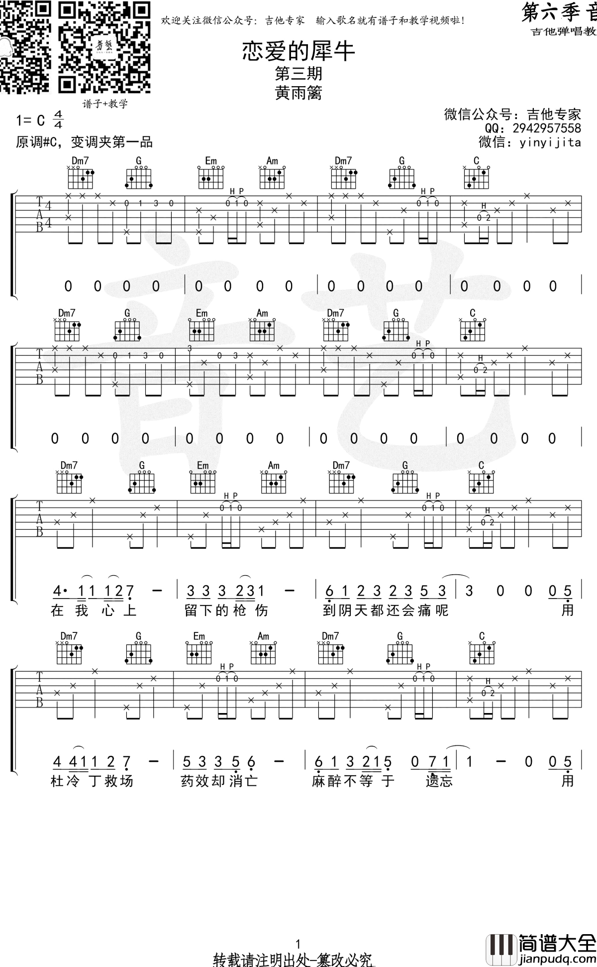 恋爱的犀牛吉他谱_黄雨篱C调原版_高清弹唱谱
