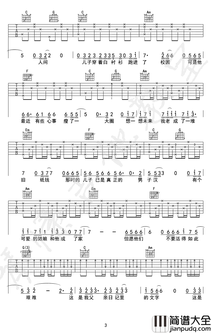 父亲写的散文诗吉他谱_李健C调六线谱_弹唱谱完整版
