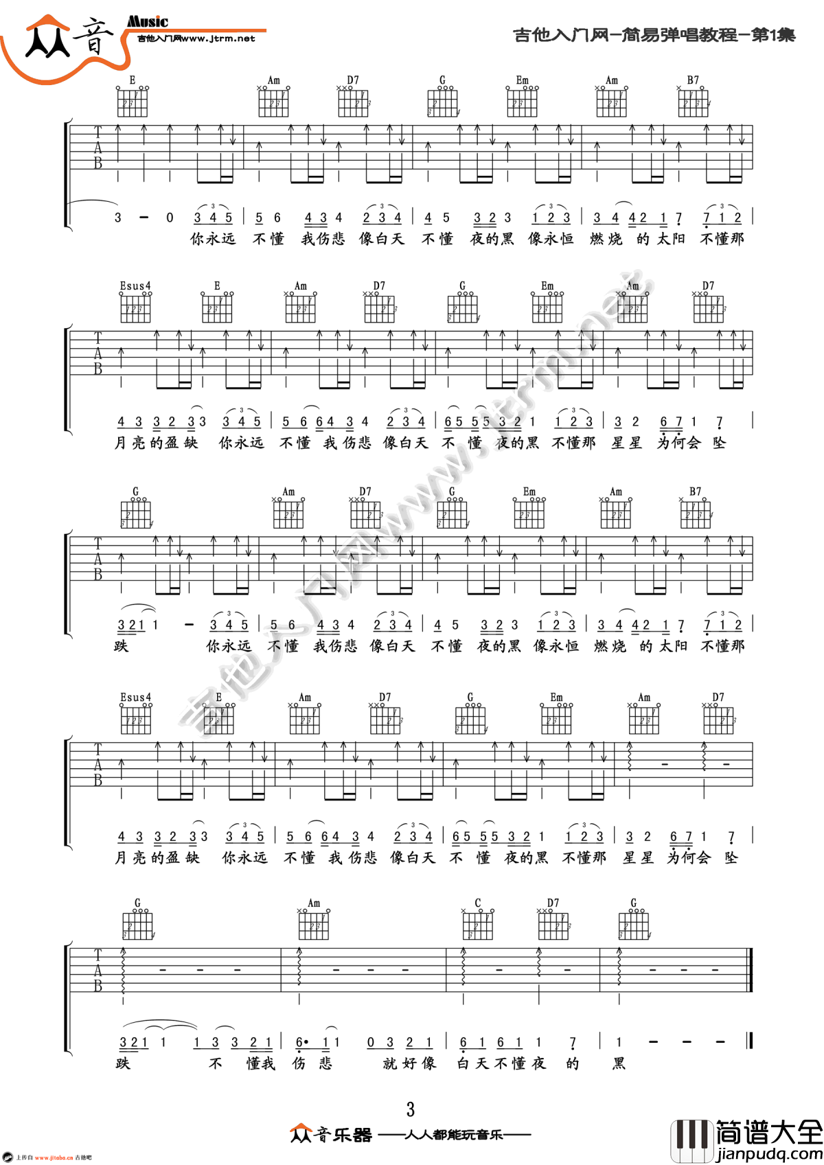 白天不懂夜的黑吉他谱_简易版_那英_弹唱教学视频_六线谱