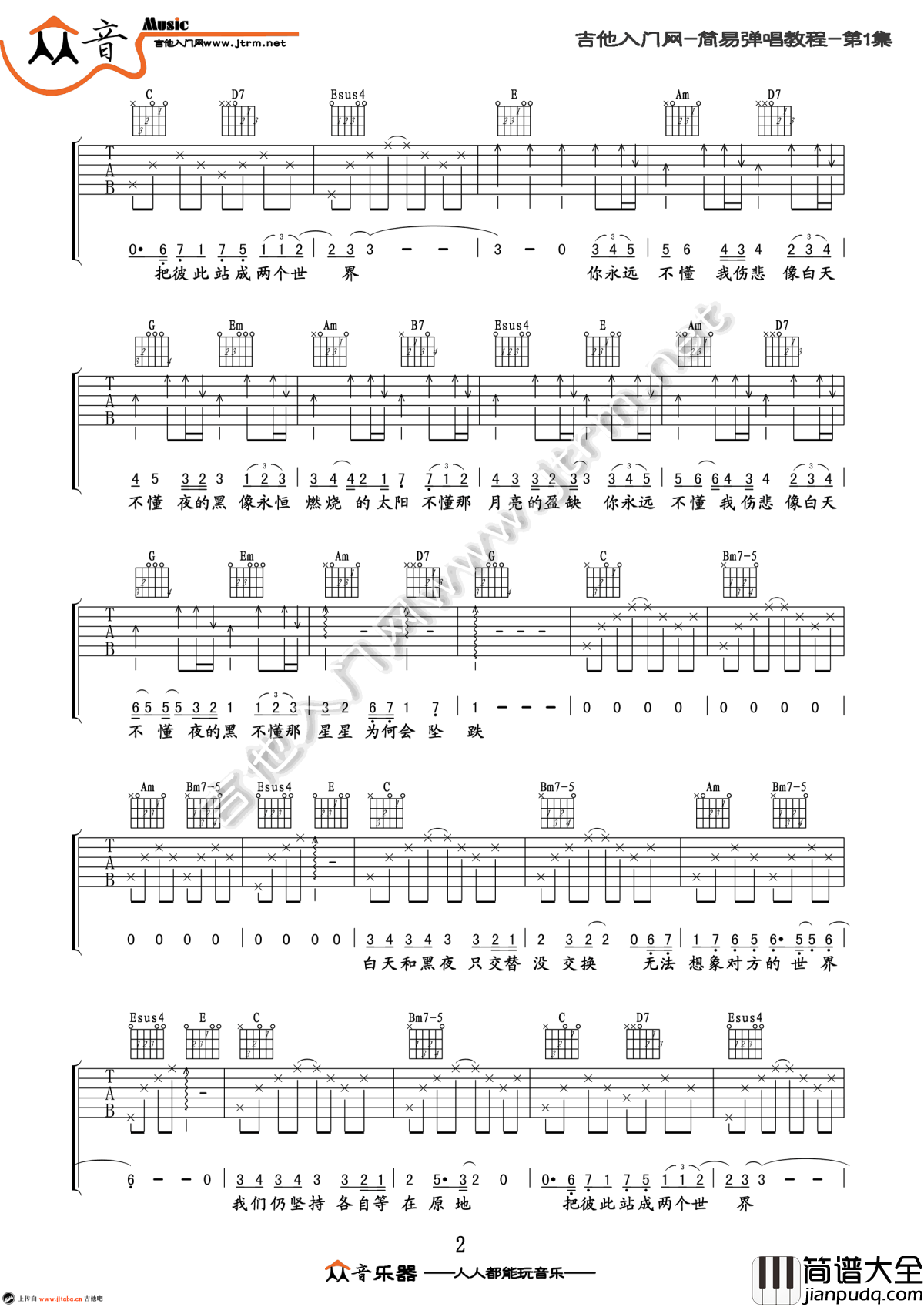 白天不懂夜的黑吉他谱_简易版_那英_弹唱教学视频_六线谱