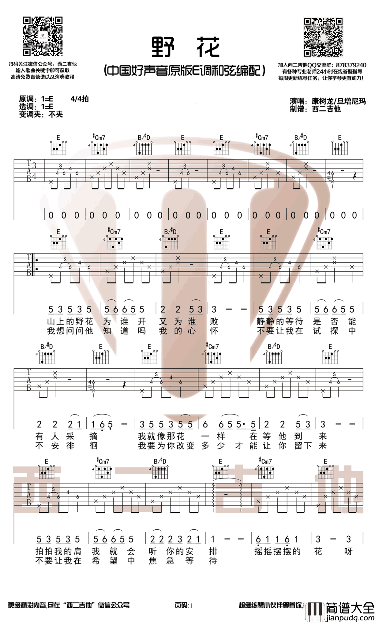 野花吉他谱_好声音康树龙/旦增尼玛_E调原版_图片谱