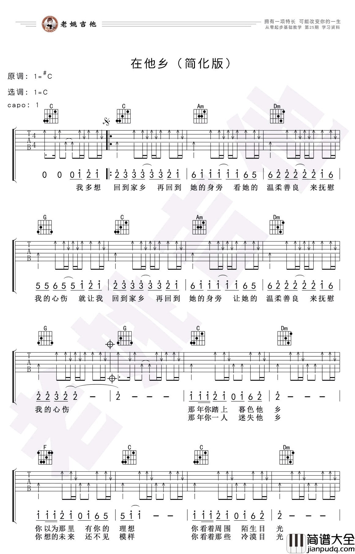 在他乡吉他谱_C调简化版_水木年华_吉他教学视频