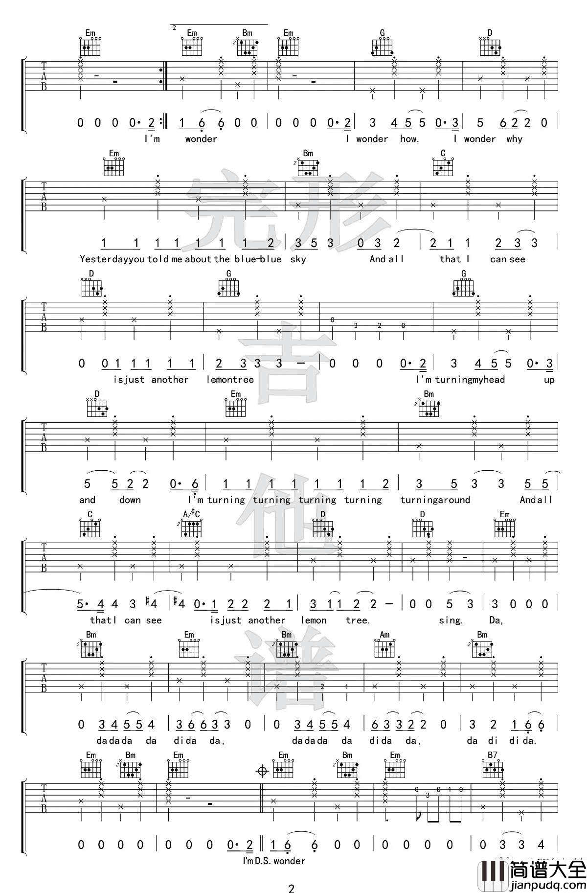 柠檬树吉他谱_G调高清弹唱谱_Lemon_Tree吉他演示视频