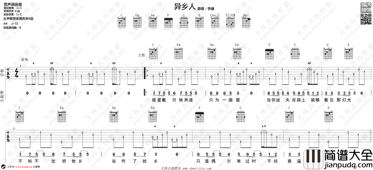 异乡人吉他谱_李健_C调弹唱六线谱_高清版_吉他教学视频