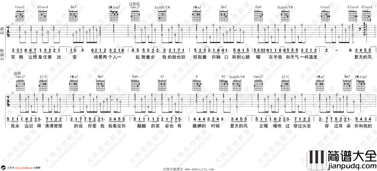 夏天的风吉他谱_温岚_女生版弹唱谱_吉他教学视频