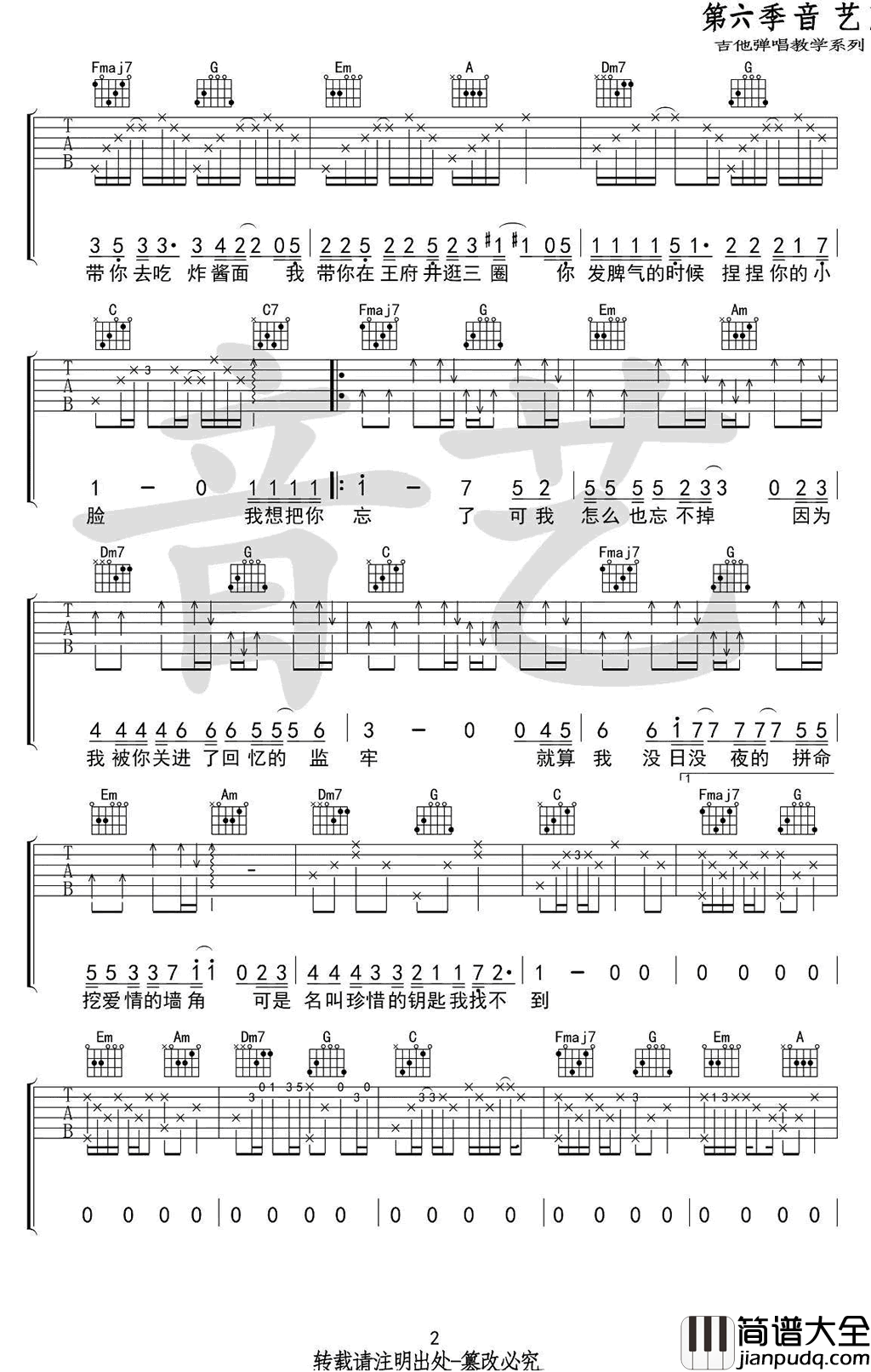 胡话日记吉他谱_王圣夫_C调弹唱谱_六线谱高清版