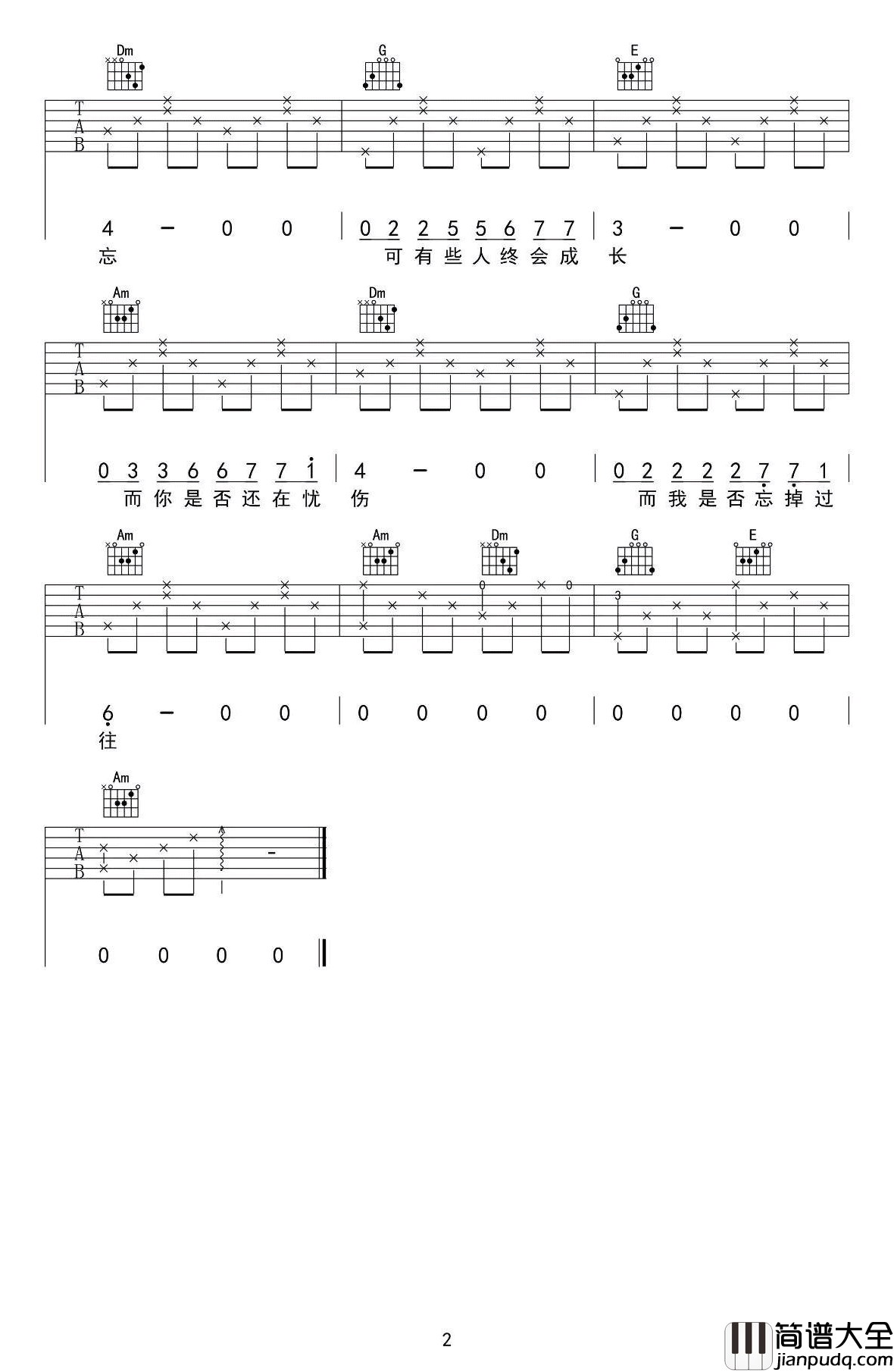 忧伤的过往吉他谱_JAM_C调简单版_弹唱谱六线谱