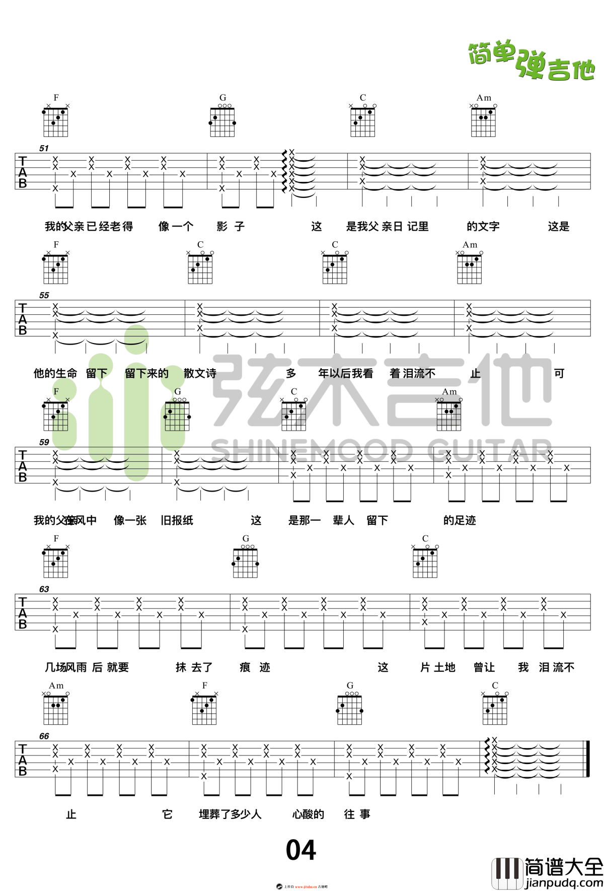 父亲写的散文诗吉他谱_李健_弹唱教学视频_图片谱高清版
