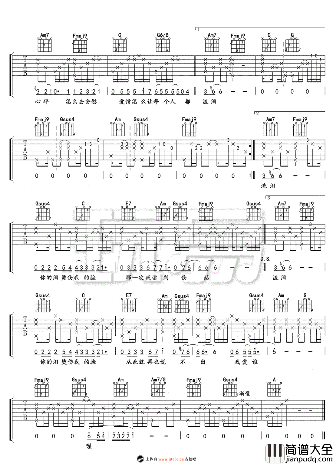 让每个人都心碎吉他谱_黄大炜_C调弹唱谱_高清版