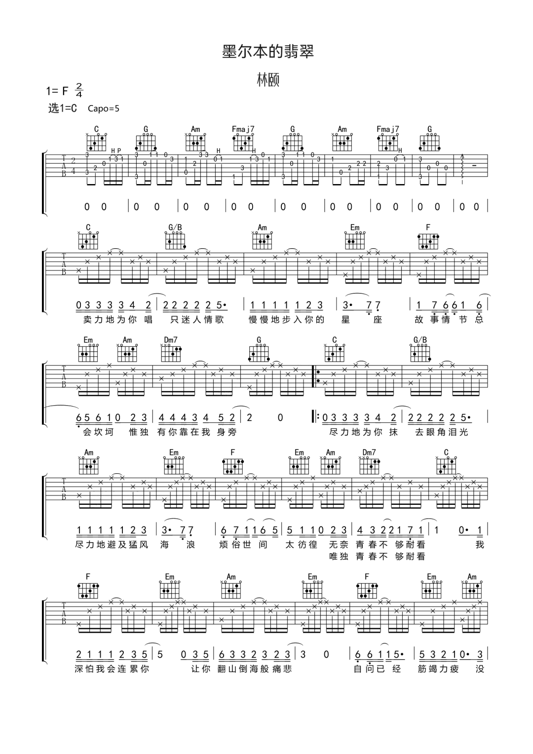 墨尔本的翡翠吉他谱1-林颐